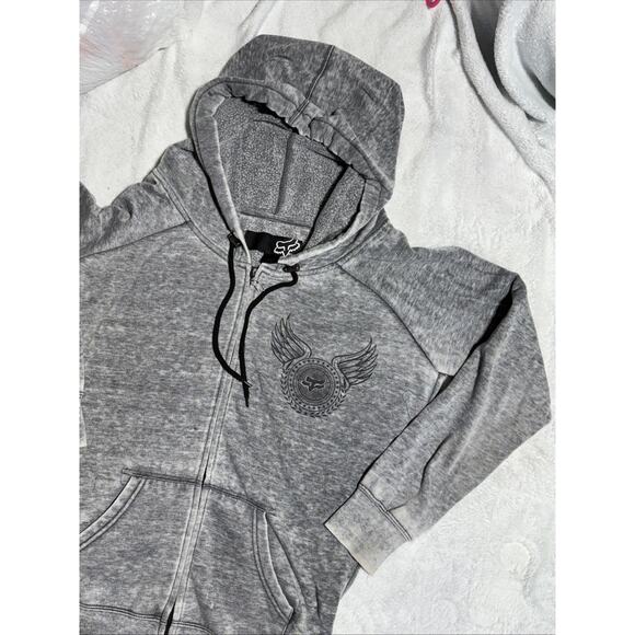 Fox Riders Co Hoodie Mens Large Gray Zip Up Sherpa Fleece Lined Wing Graphic - Picture 1 of 7